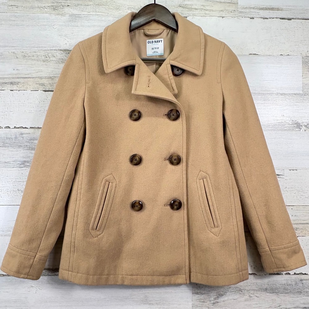 Old Navy Peacoat Women XS Camel Tan Double Breasted Wool Blend Collared Capsule